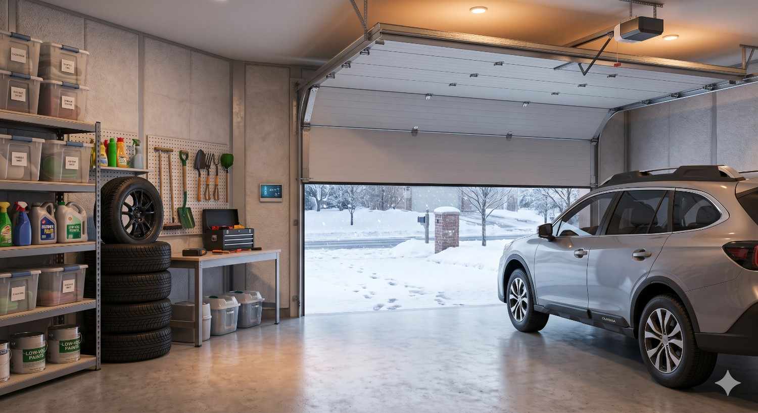 A clean organized garage contains storage shelves, tools, stacked tires, and an SUV parked inside while the garage door opens to a snowy suburban street, highlighting a warm insulated indoor space during winter.