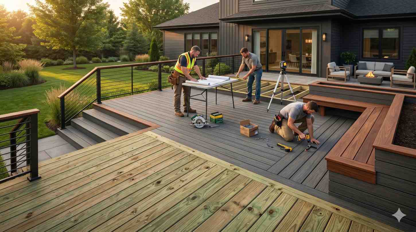 Contractors install and measure a modern multi-level composite deck with integrated seating, cable railings, and wide stair access in a landscaped backyard. Workers use blueprints, power tools, and surveying equipment during construction. The contemporary outdoor living space features gray decking, wood accent planters, and a luxury patio beside a modern black-sided home.