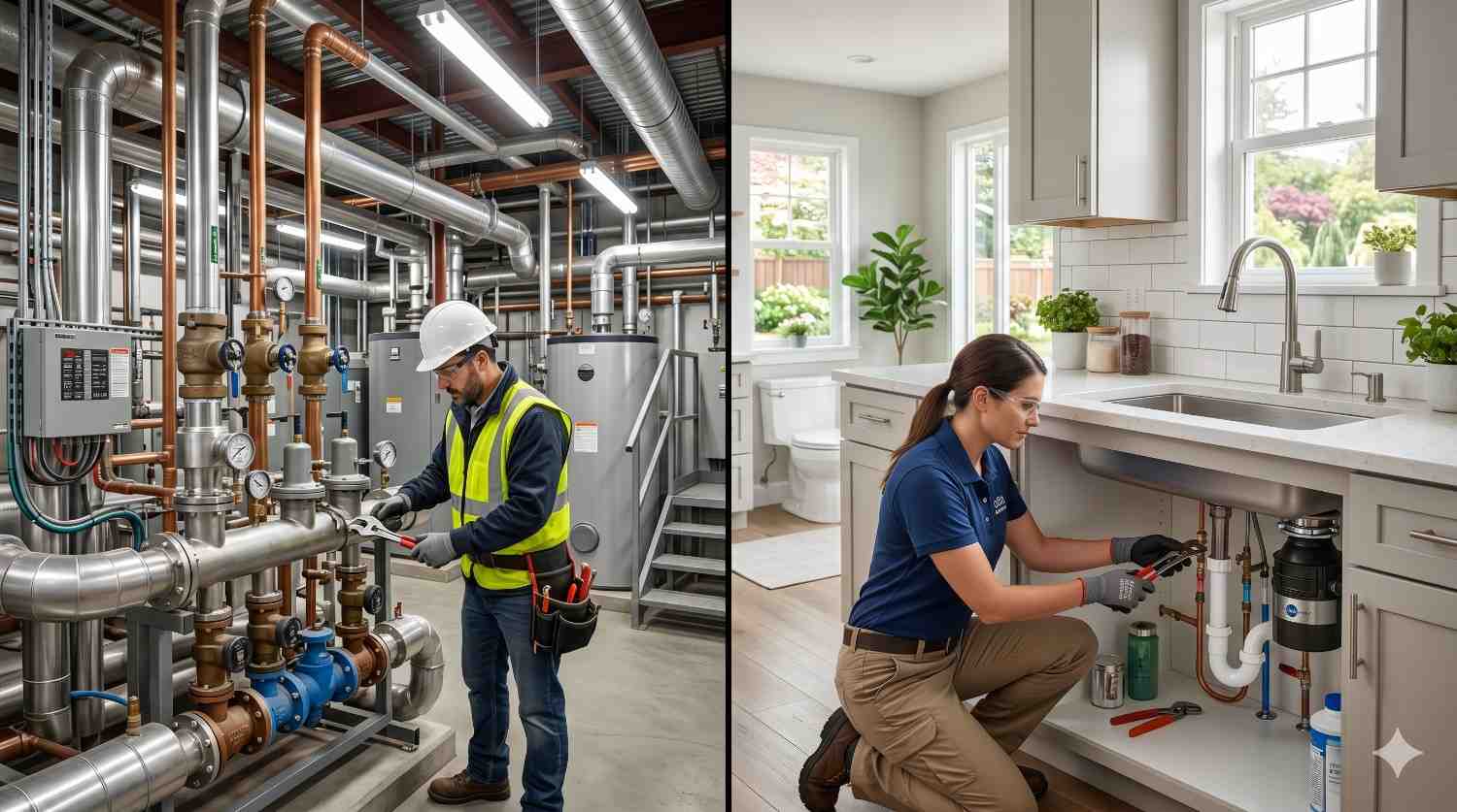 Split-screen image comparing commercial and residential plumbing services. On the left, a technician maintains industrial piping, valves, gauges, and mechanical equipment in a utility room. On the right, a plumber repairs under-sink plumbing in a modern kitchen. The scene highlights plumbing expertise across commercial facilities, homes, maintenance, installation, and repair.