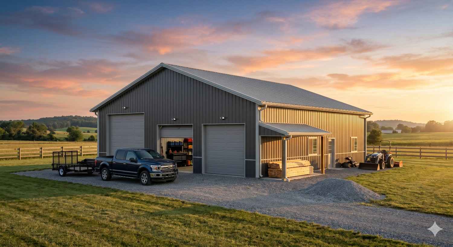 Large metal workshop and garage building on a rural property at sunset, featuring multiple bay doors, a pickup truck with trailer, and farming equipment. Open countryside, gravel driveway, and surrounding fields create a peaceful agricultural setting.