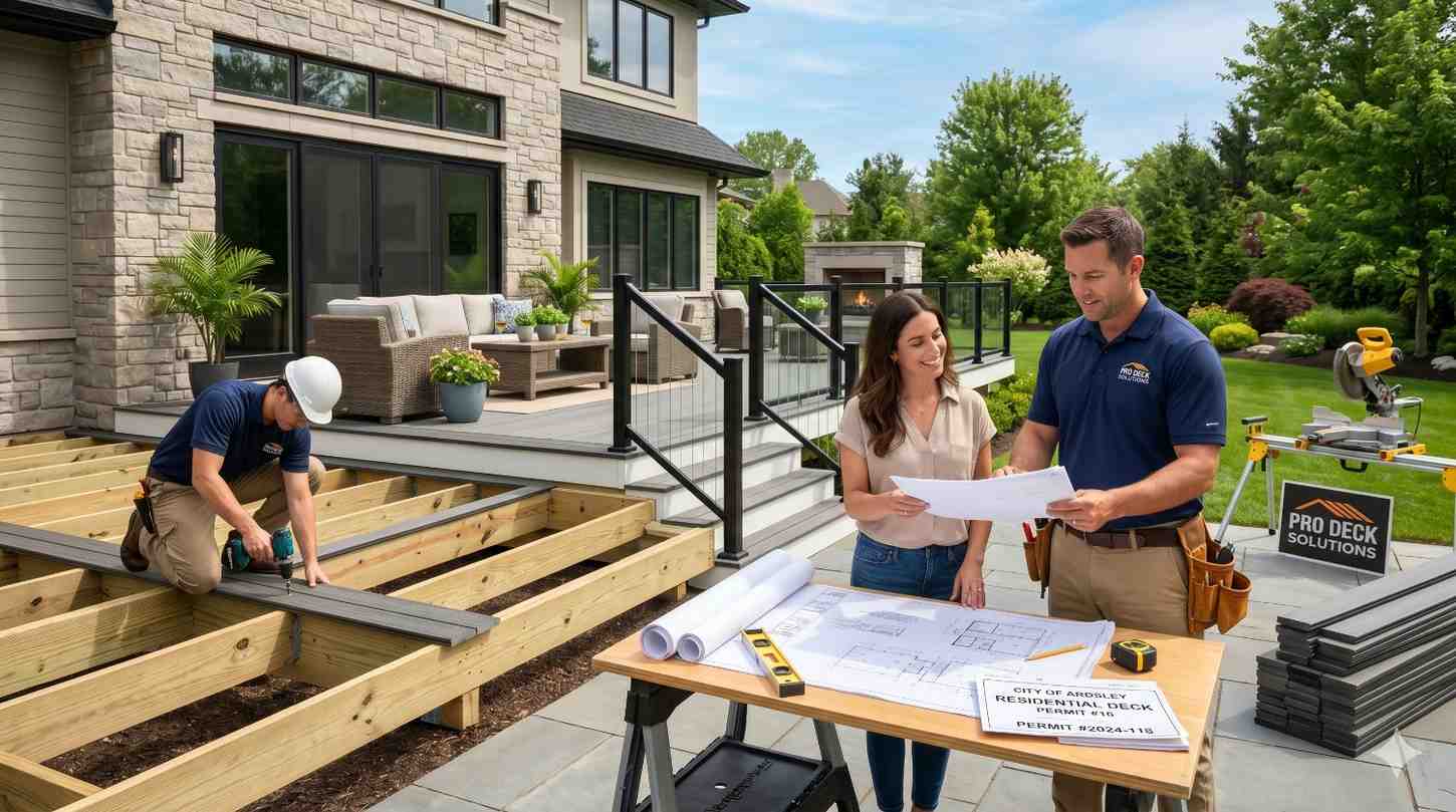 Homeowners and a deck contractor review construction plans beside a partially completed deck project. A worker installs composite decking boards on exposed wooden framing while tools, blueprints, permits, and materials are displayed nearby. The image highlights deck design consultation, project planning, permitting, professional installation, and residential outdoor living upgrades.