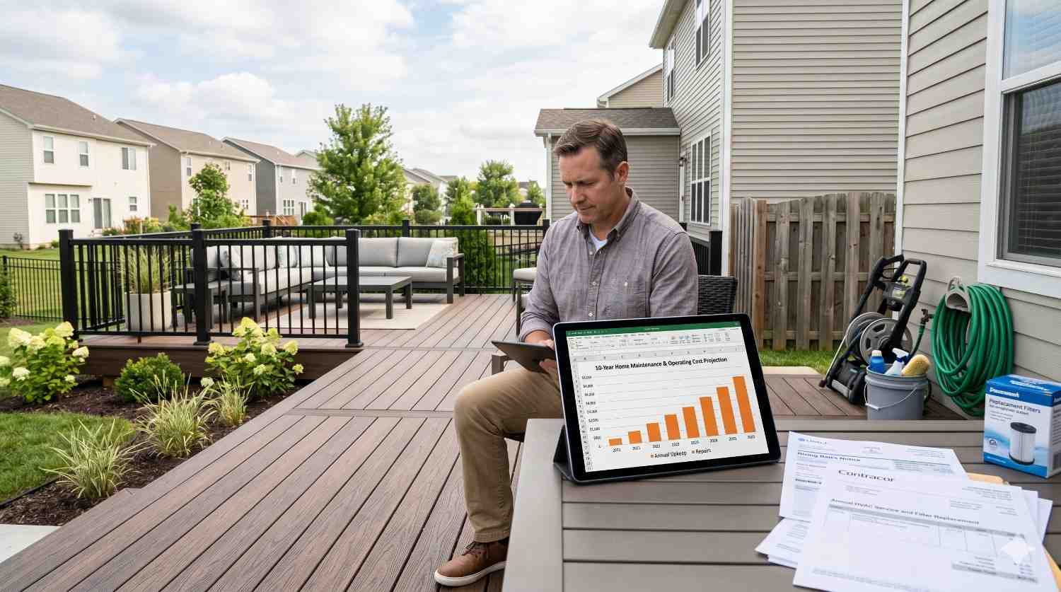 Homeowner sits on a composite backyard deck reviewing maintenance and ownership costs on a tablet. A nearby screen displays a long-term cost projection chart, while documents, cleaning supplies, and replacement filters rest on a table. Outdoor seating, landscaped gardens, and neighboring homes illustrate deck maintenance planning and budgeting.