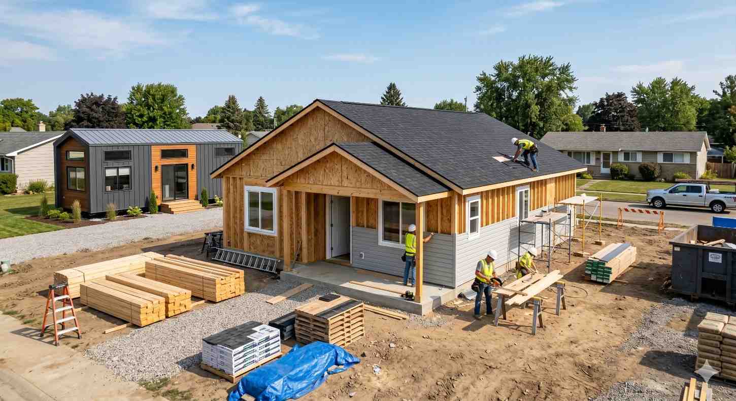 Workers build a single-story suburban home with partially finished siding and roofing. Construction materials, ladders, and lumber surround the site as contractors install exterior features and complete framing in a residential neighborhood.
