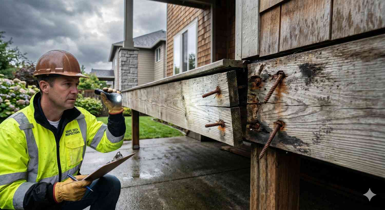 Home inspector wearing a hard hat and high-visibility jacket examines a deteriorating wooden deck attachment with a flashlight and clipboard. Rusted bolts, cracked lumber, and visible wood rot indicate structural damage and possible safety concerns. Overcast weather and wet surfaces emphasize moisture exposure affecting the aging deck connection to the house.