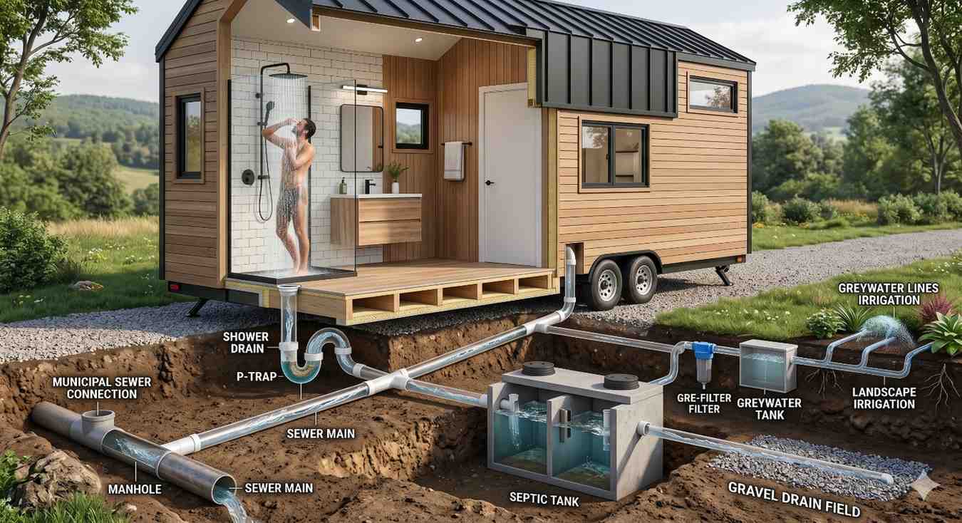 Cutaway illustration of a tiny home plumbing and wastewater system showing shower drainage, sewer connections, septic tank, greywater filtration, and landscape irrigation. Underground pipes and water flow systems are labeled beneath the home.