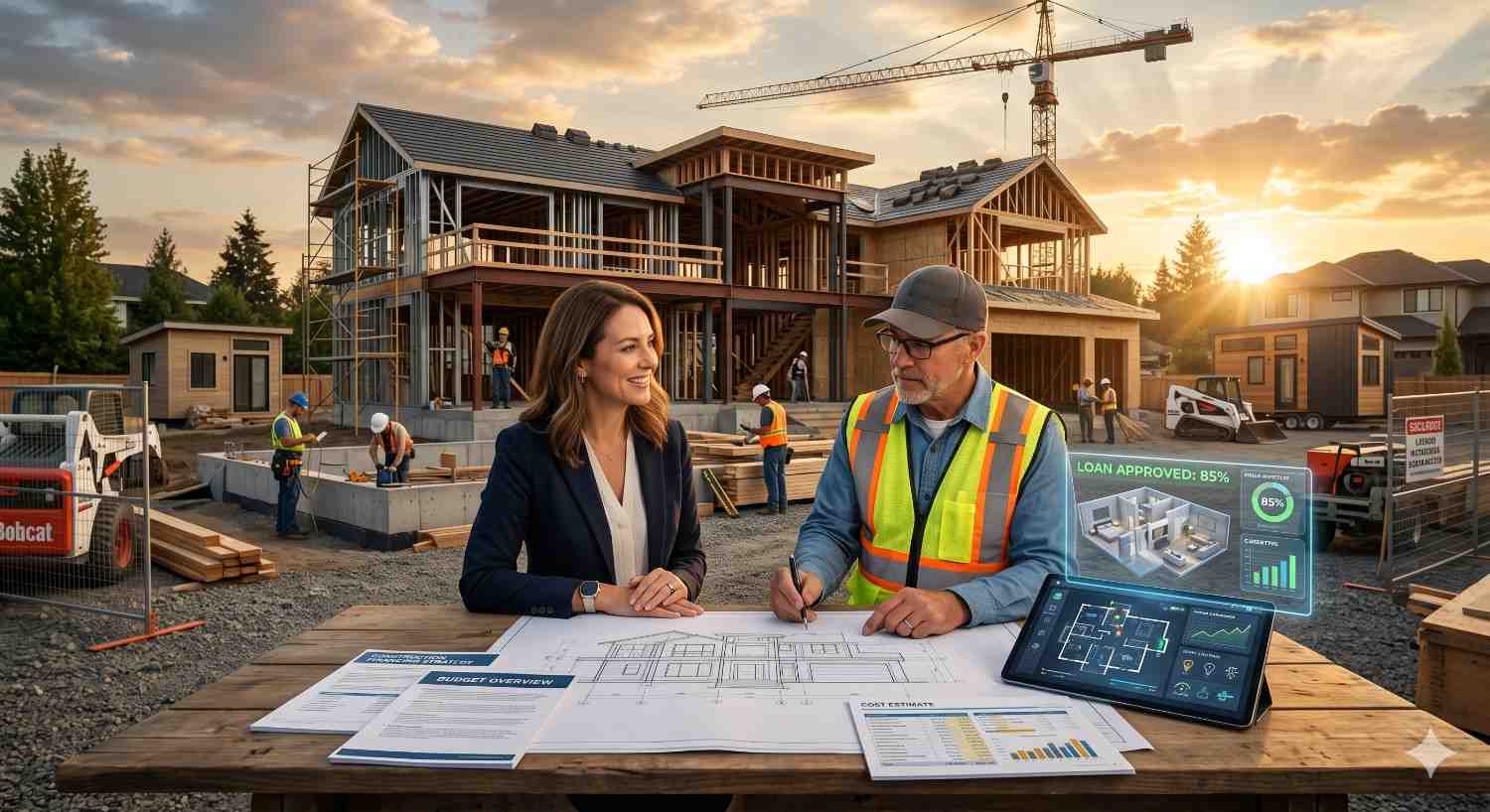 Construction manager and client review architectural blueprints at an active residential building site during sunset Workers assemble a large modern home frame while cranes and machinery operate nearby Digital overlays display loan approval, budgeting, and smart planning data Tablets, reports, and construction documents highlight project management, financing, and coordinated home development progress outdoors