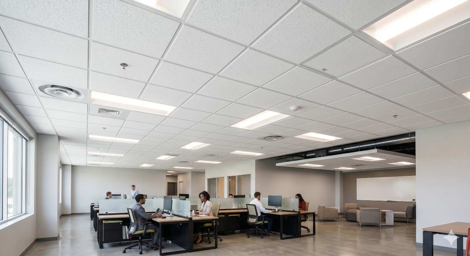 Modern office interior with drop ceiling tiles, recessed lighting, open workstations, and employees collaborating in a spacious contemporary workspace