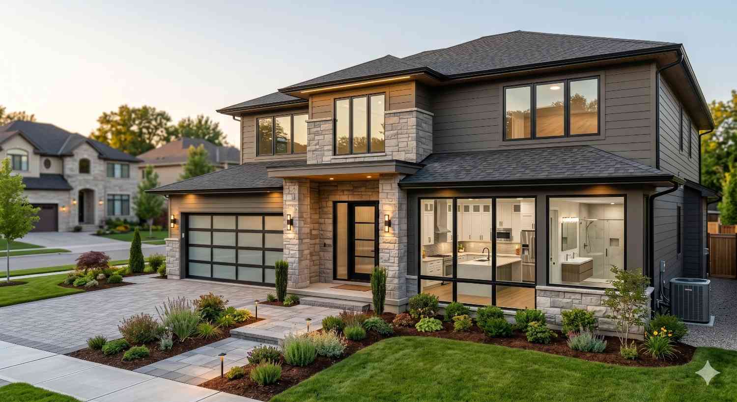 Modern two-story suburban home with stone and dark siding exterior, large windows, and a landscaped front yard. Warm interior lighting highlights the kitchen and bathroom visible through expansive glass windows at dusk.