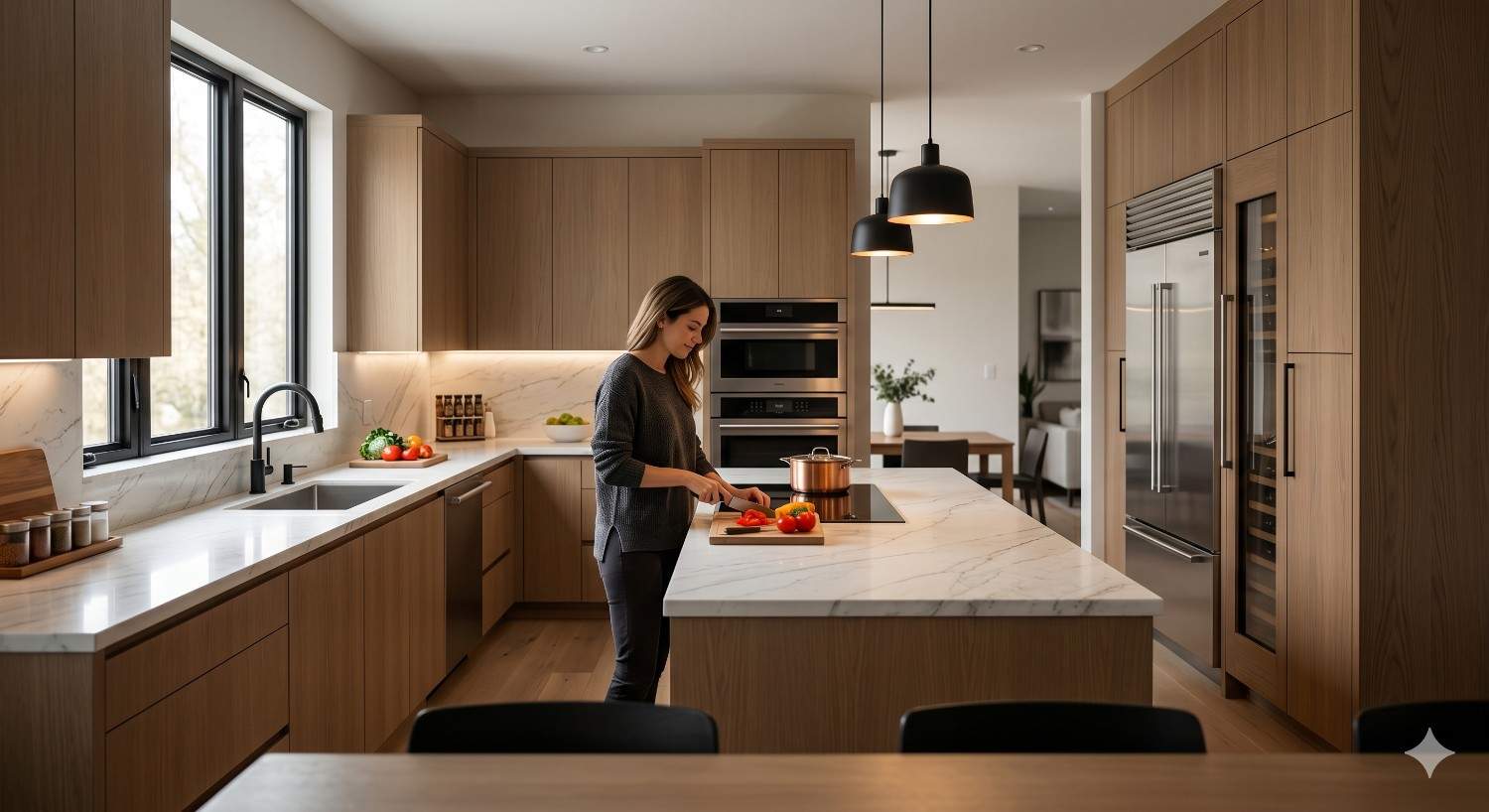 Woman prepares food in a modern kitchen with warm wood cabinetry, marble countertops, pendant lighting, and stainless steel appliances. Large windows and minimalist design create a cozy, contemporary cooking space.