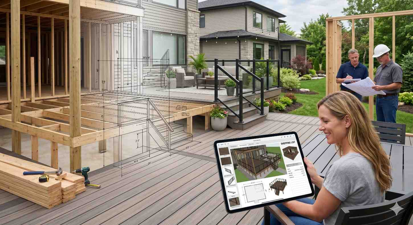 Homeowner reviews a digital deck design and materials list on a tablet while contractors examine blueprints beside an ongoing outdoor renovation project. The image combines existing deck construction, completed composite decking, and transparent architectural overlay drawings, illustrating deck planning, visualization, collaboration, budgeting, and residential construction project management.