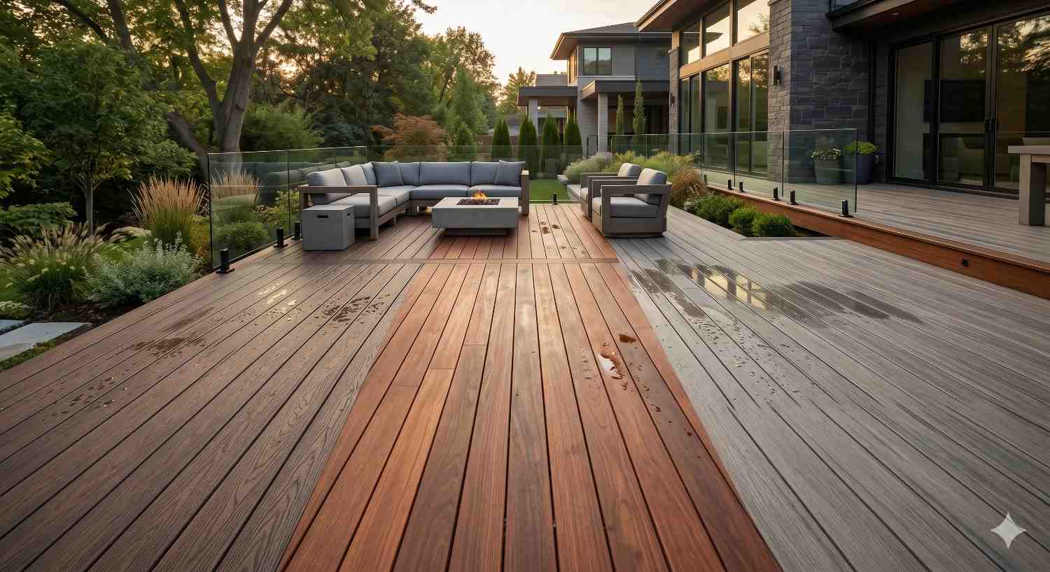 Modern backyard deck featuring contrasting wood tones and composite decking sections after cleaning or restoration. Outdoor lounge seating, fire table, glass railing, and landscaped garden create a stylish luxury patio setting at sunset.