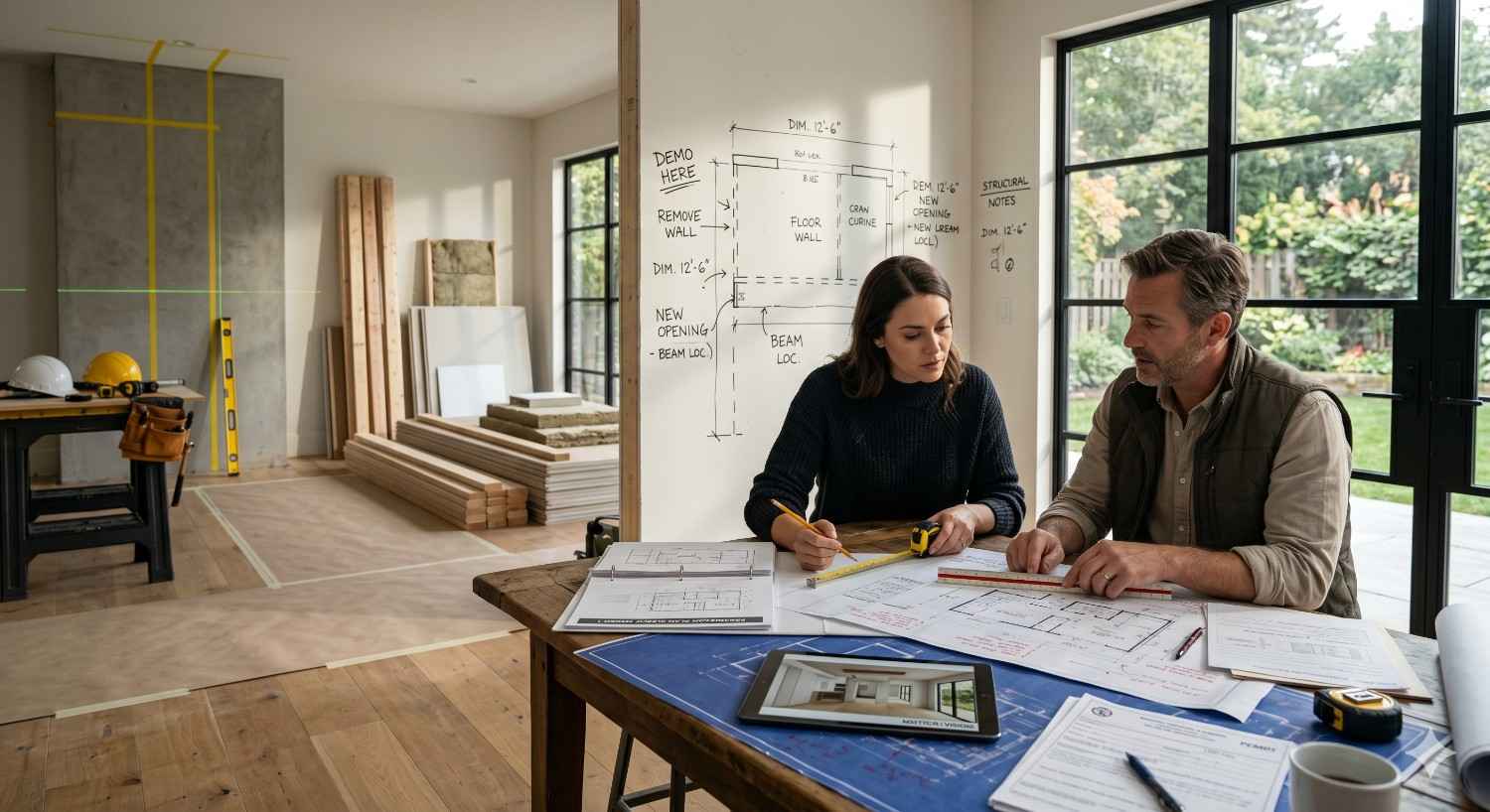 A couple reviews renovation plans and measurements at a table inside a partially remodeled home. Blueprints, tools, and design sketches cover the workspace while construction materials and unfinished walls are visible in the background.