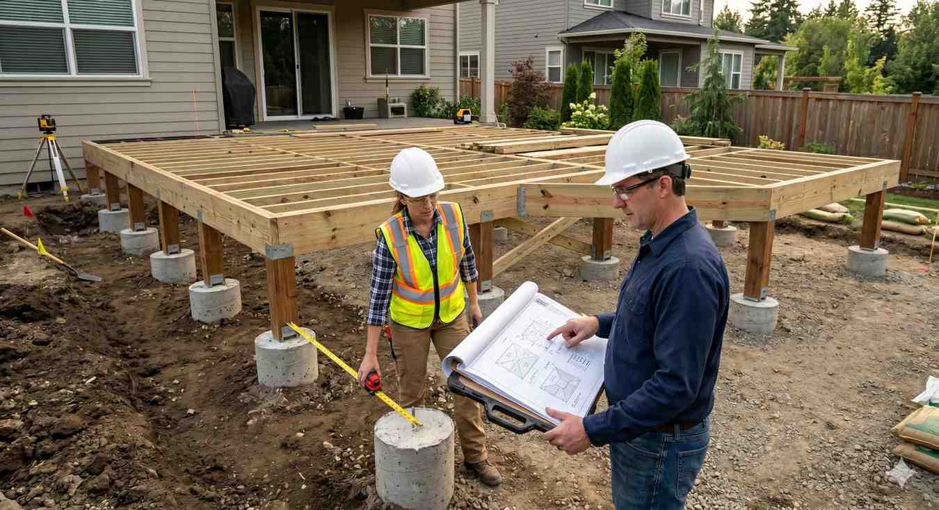 Contractors review construction plans and measure concrete footings during a residential deck framing project. Wearing safety helmets and protective gear, they inspect support post placement beneath a large wooden deck structure. The image highlights foundation accuracy, structural planning, code compliance, teamwork, and professional deck installation before decking boards are added.