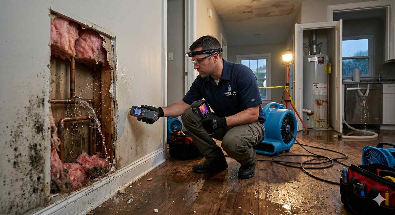 Water damage restoration technician using moisture detection and thermal imaging tools to inspect a leaking pipe inside a damaged wall. Wet floors, exposed insulation, drying equipment, and visible water damage highlight emergency plumbing repair, leak detection, and residential flood restoration services.
