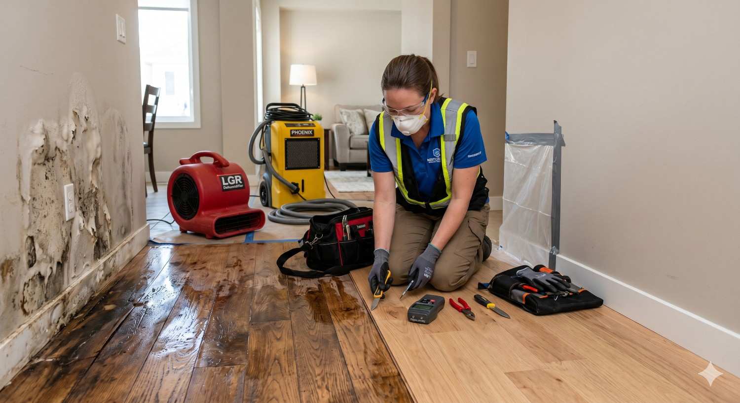 Technician inspecting wet hardwood floor and moldy wall while performing Water Damage Repair with drying equipment and moisture tools in a residential hallway