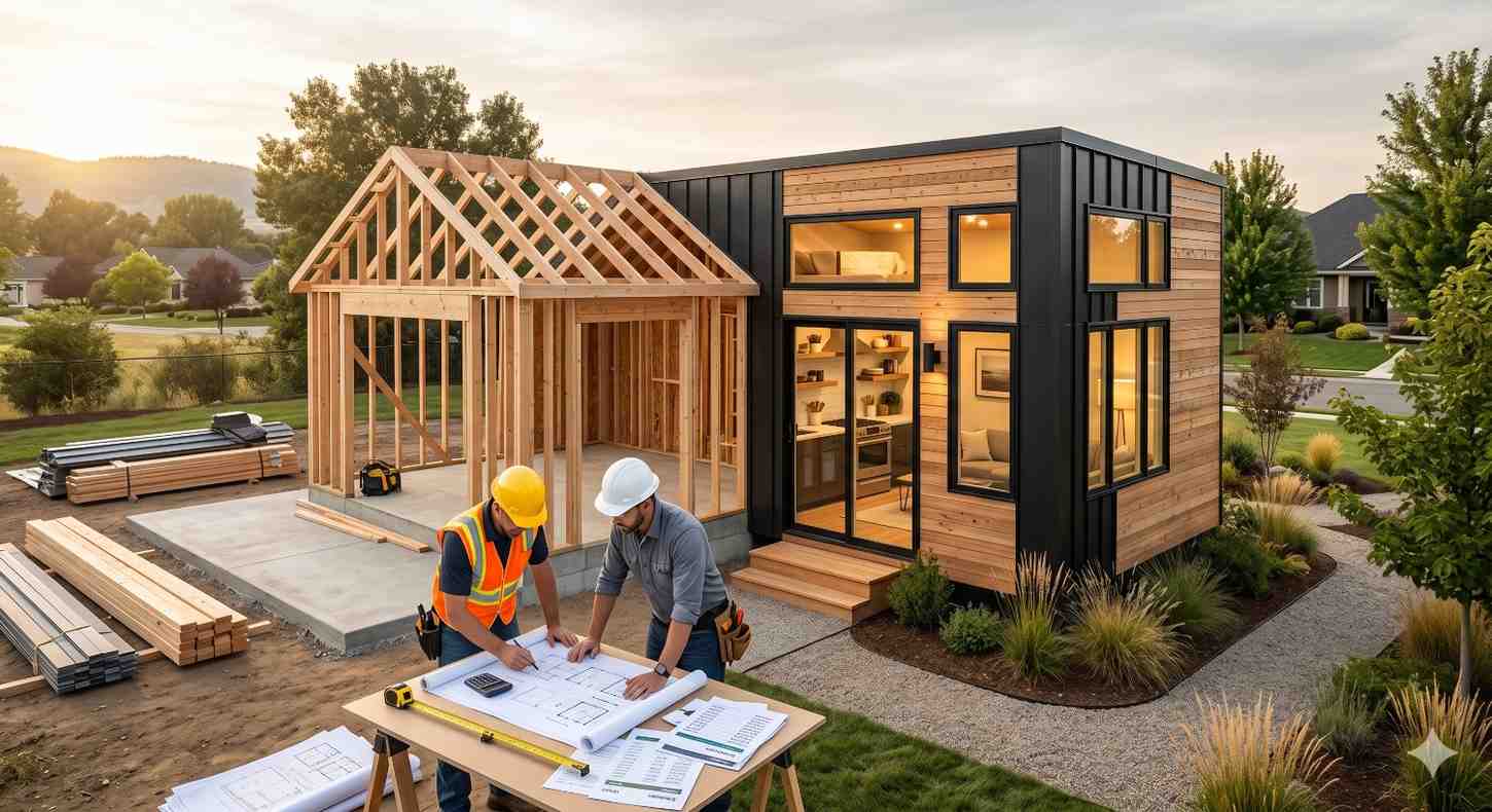 Two builders review blueprints beside a modern small home under construction, combining exposed wood framing with a finished contemporary structure featuring large windows, black metal siding, and landscaped surroundings at sunset.