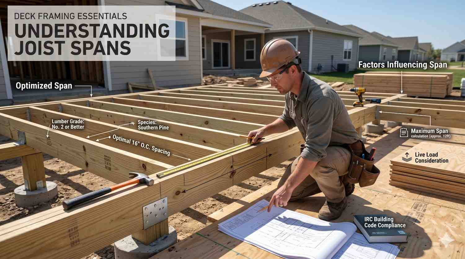 Contractor measures deck joist spans and reviews construction plans during residential deck framing. Educational annotations highlight lumber grade, joist spacing, wood species, span calculations, live load requirements, and building code compliance. The image demonstrates key factors affecting deck structural integrity, safety, load capacity, and proper framing design standards.