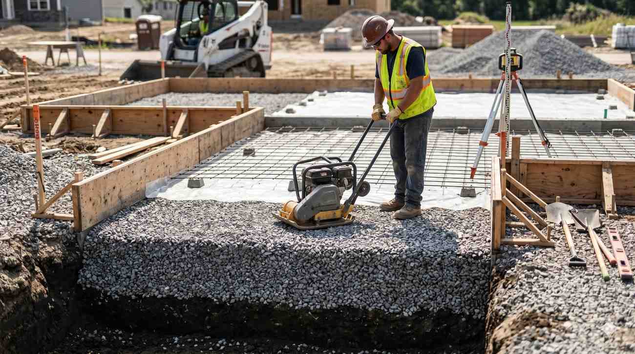 Construction worker operates a plate compactor to prepare a crushed stone base for a concrete foundation or slab. Wooden forms, reinforcement mesh, surveying equipment, and excavation work are visible on an active construction site. The image highlights soil compaction, foundation preparation, grading accuracy, structural support, and professional concrete construction practices.