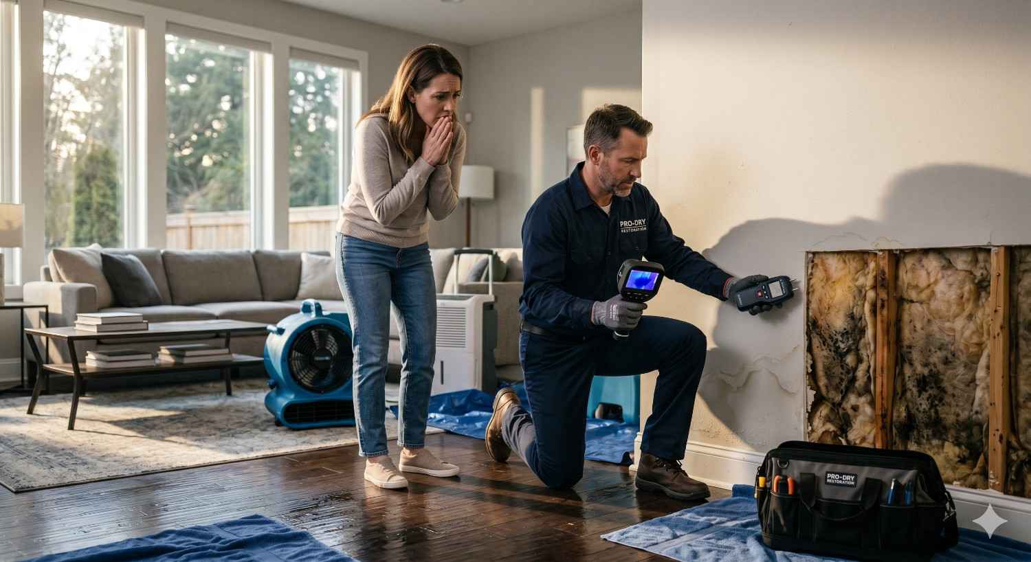 A restoration technician uses moisture detection equipment and a thermal camera to inspect mold and water damage inside an exposed wall while a concerned homeowner watches in a living room undergoing remediation.