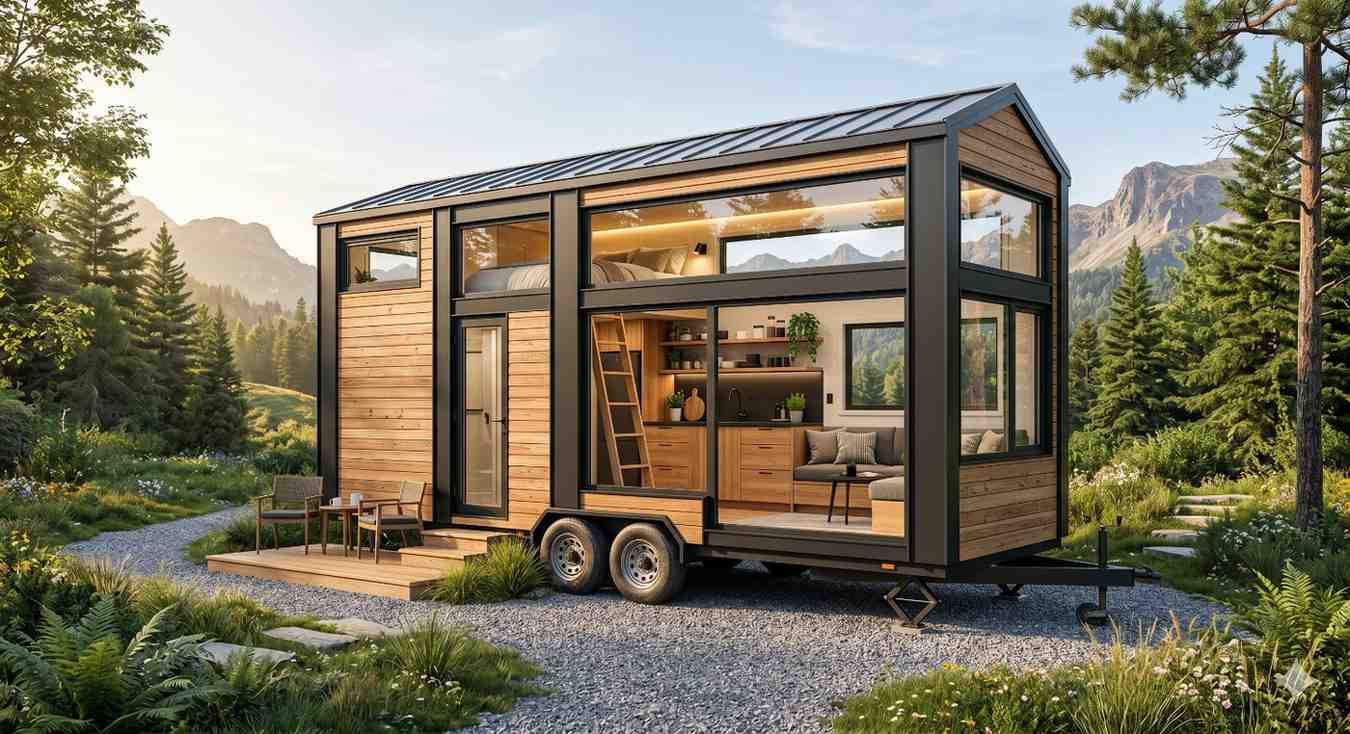Modern tiny house on wheels with large glass windows and wood siding set in a scenic mountain landscape. The compact home features a bright interior, loft sleeping area, outdoor seating, and contemporary minimalist design surrounded by trees and nature.