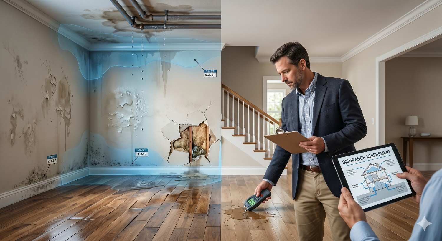 Split-screen image showing severe indoor water damage with mold, leaks, and cracked walls alongside a home inspector performing a moisture assessment. Digital overlays and insurance evaluation tools highlight property damage inspection, water intrusion analysis, and home insurance claim assessment.