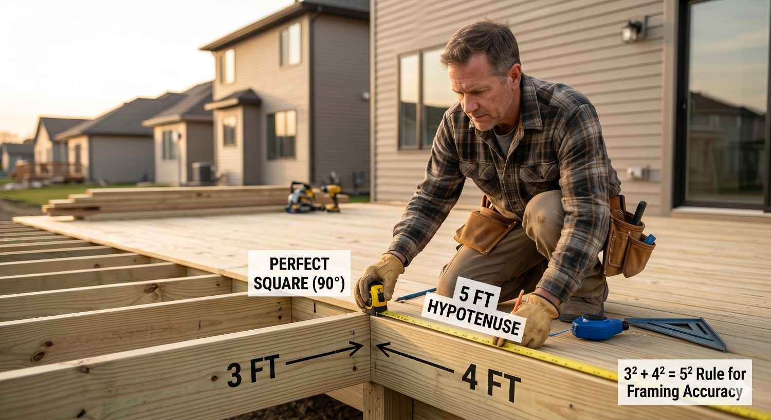 Contractor using a tape measure to verify deck framing alignment with the 3-4-5 rule. Labels show a 3-foot by 4-foot layout and 5-foot hypotenuse, demonstrating how builders create a perfect 90-degree angle for accurate deck construction and framing precision.