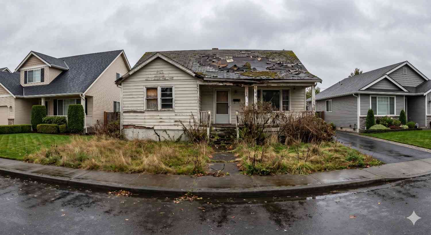 Neglected house with a deteriorating roof, peeling exterior, and overgrown yard sits between well-maintained suburban homes. Wet streets and gray skies highlight the property’s visible decay, unkempt landscaping, and contrast with the surrounding neighborhood.