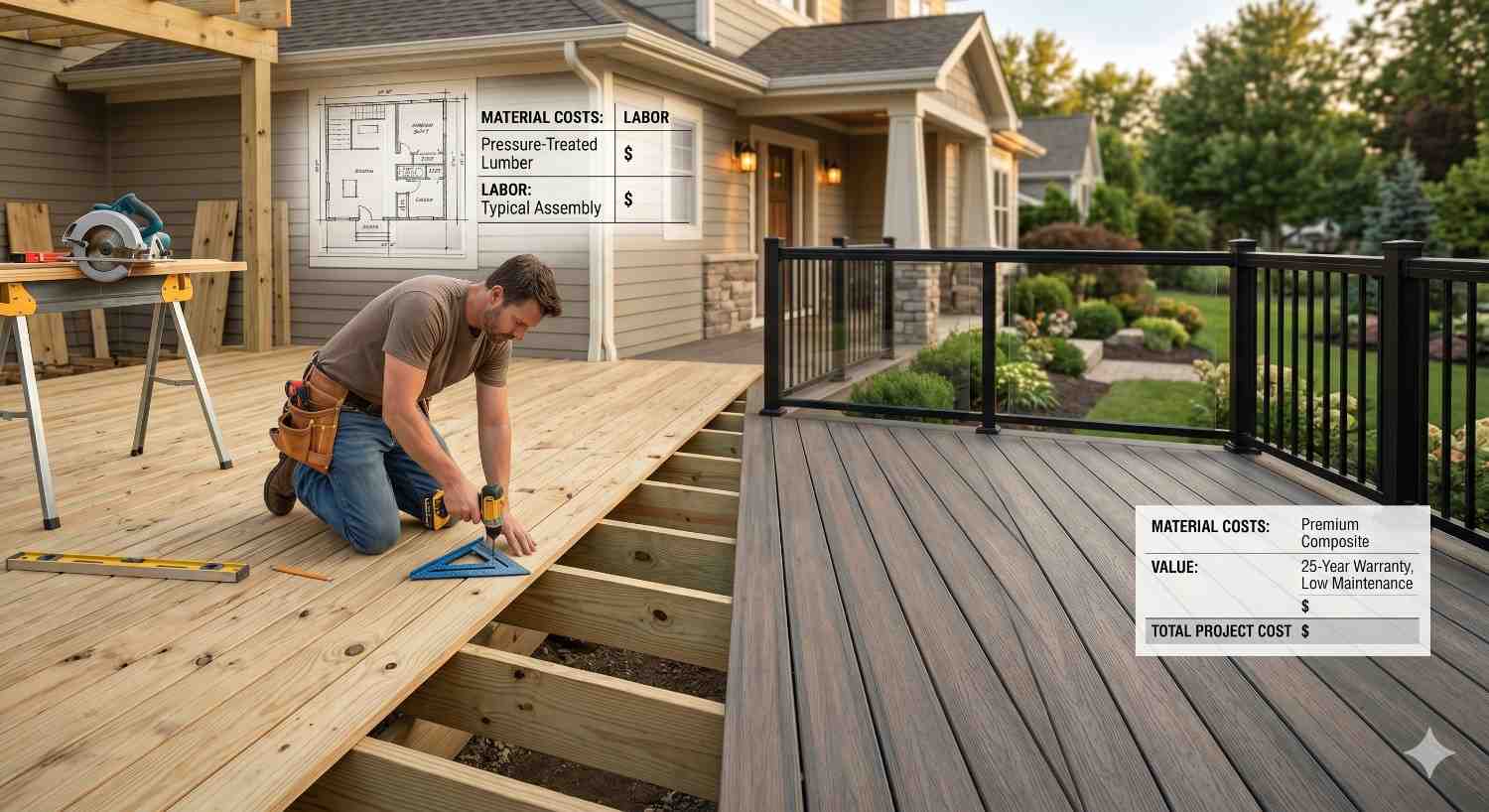 Side-by-side comparison of pressure-treated wood decking and premium composite decking during construction and cost evaluation. A contractor installs traditional lumber framing beside a finished low-maintenance composite deck with black railings. Overlay graphics display material costs, labor considerations, warranty benefits, and project value, helping homeowners compare outdoor decking options for residential renovation projects.