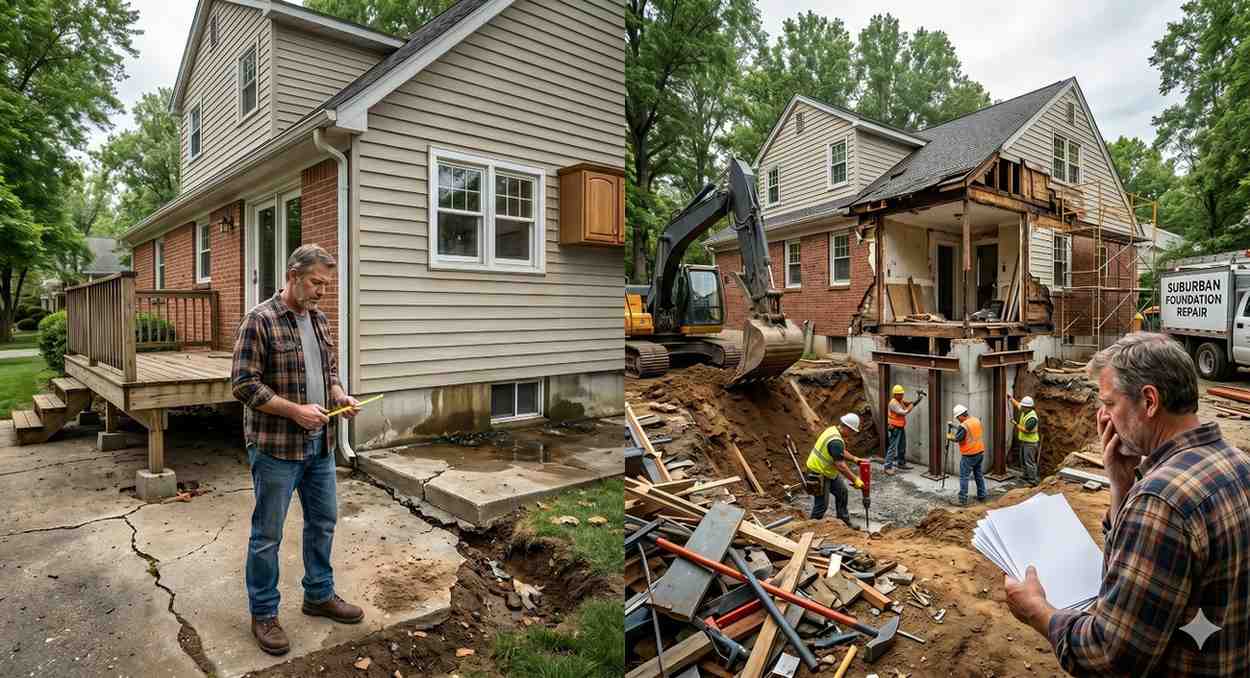 Side-by-side images illustrate a home foundation problem and repair process. One side shows a homeowner inspecting cracked concrete and settlement damage beside a house. The other shows major foundation excavation, structural support installation, construction crews, and heavy equipment performing repairs, highlighting residential foundation restoration and stabilization work.