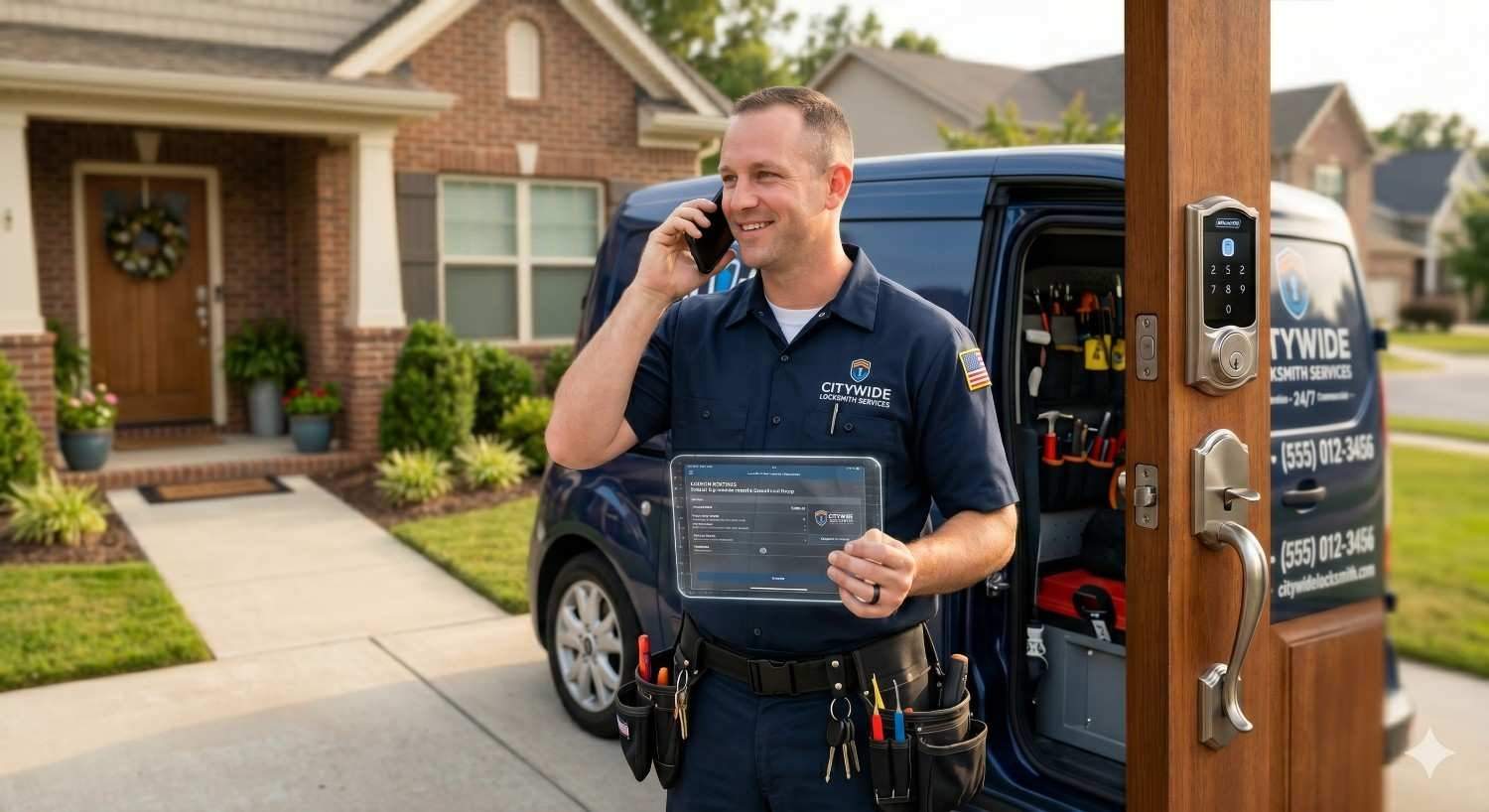 A locksmith technician stands outside a suburban home, talking on a phone beside a service van with tools visible inside. He holds a digital tablet while working on a smart lock installed on an open front door.