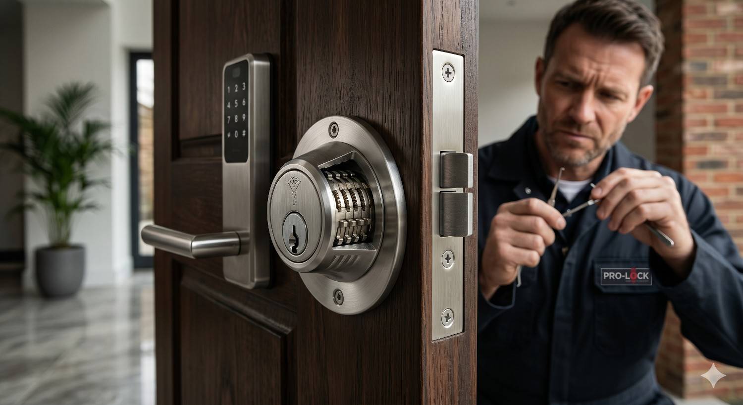 Close-up view of a modern smart door lock with keypad entry and exposed internal lock mechanism during professional locksmith servicing. Technician in uniform repairs or installs residential security hardware using specialized tools. Contemporary wooden front door, electronic access system, and detailed lock components highlight advanced home security technology, maintenance, and secure property protection solutions.