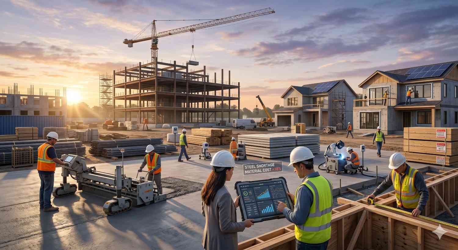 Construction crews work on a large residential development at sunset, using heavy equipment and digital planning tools around steel-frame buildings, solar-equipped homes, stacked materials, and active construction zones with cranes and scaffolding.