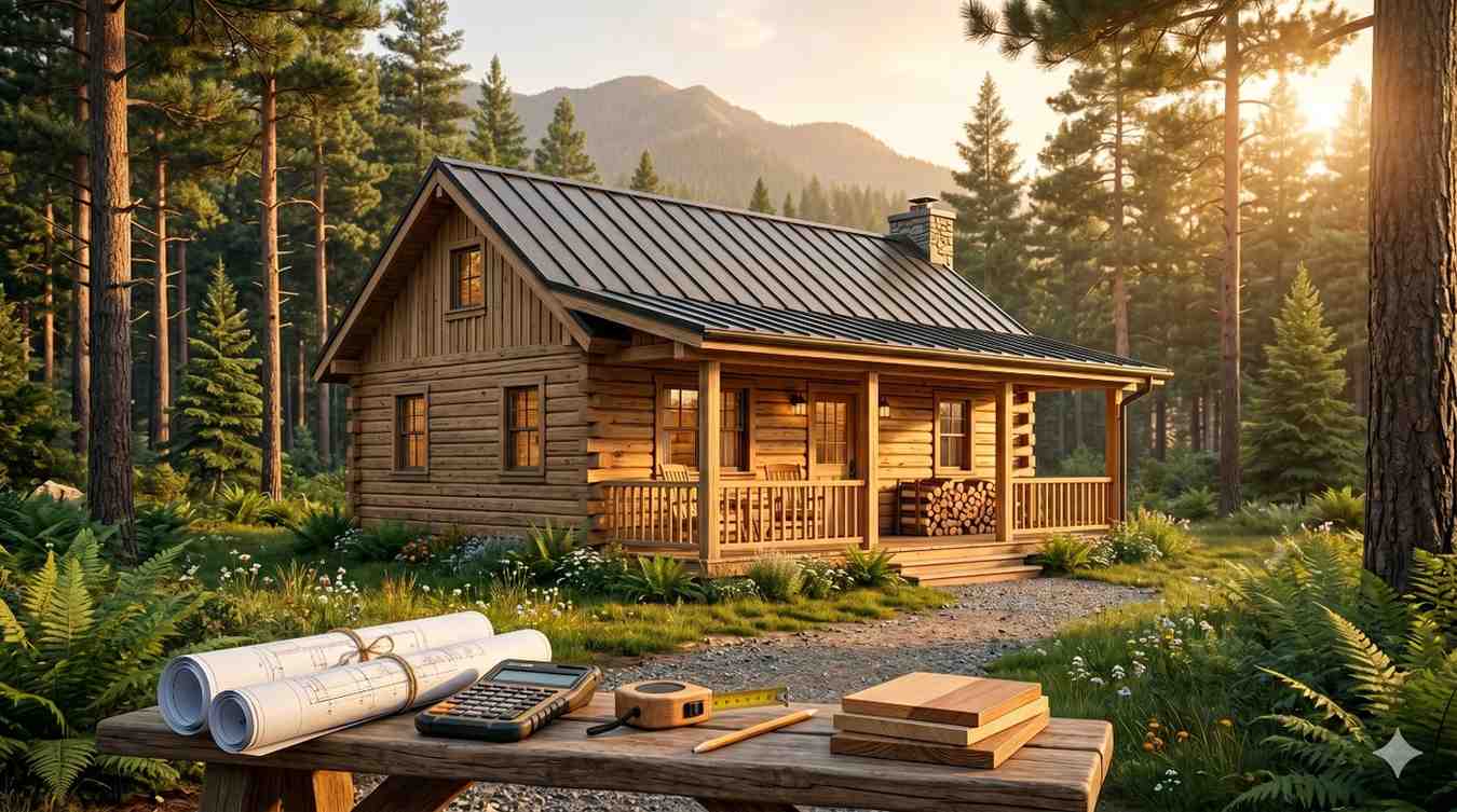A cozy log cabin with a metal roof sits in a forest clearing at sunset, surrounded by pine trees and mountains, while blueprints, tools, and wood samples rest on a table in the foreground.