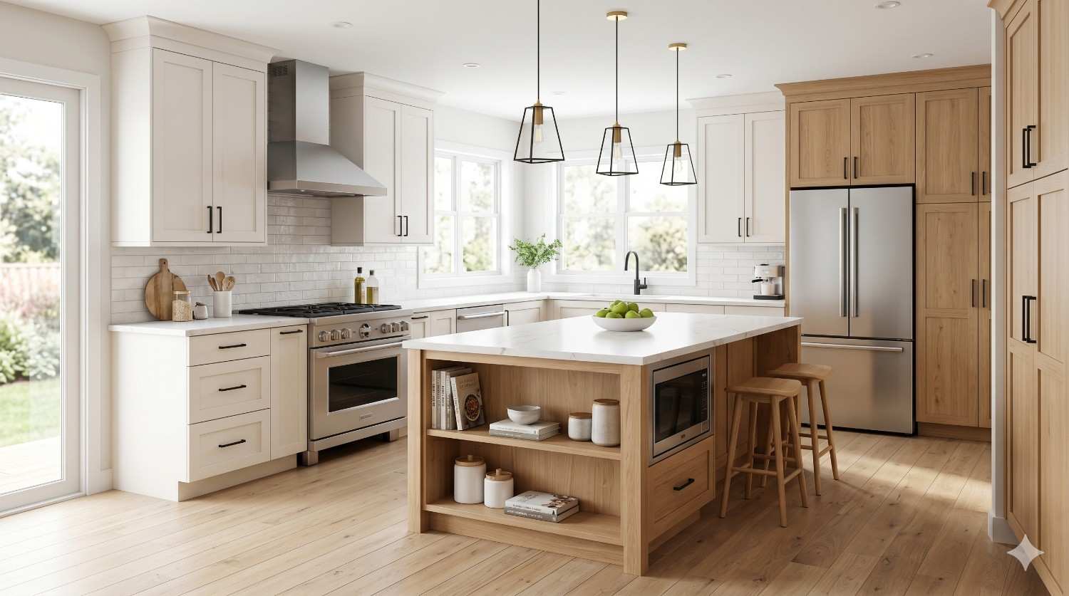 Bright contemporary kitchen with white cabinetry, natural wood accents, stainless steel appliances, and a large island featuring open shelving and seating. Pendant lighting and light wood flooring create a warm, modern design.