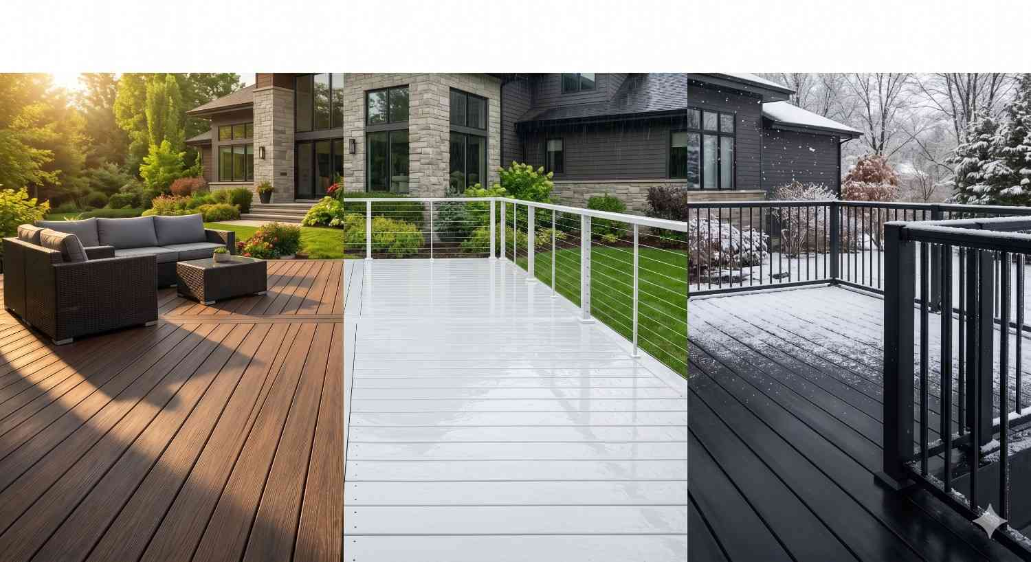 Three outdoor composite decks displayed in different weather conditions: sunny, rainy, and snowy. The image showcases durable, low-maintenance decking materials with modern railings and outdoor seating, highlighting year-round performance and weather resistance for residential backyard spaces.