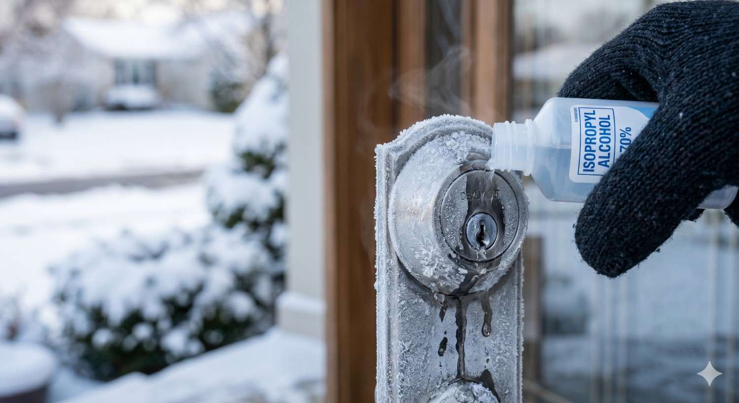 Gloved hand pours isopropyl alcohol onto a frozen door lock covered in frost and ice. Snowy surroundings and visible ice buildup illustrate a winter method for thawing and unlocking a frozen exterior lock.