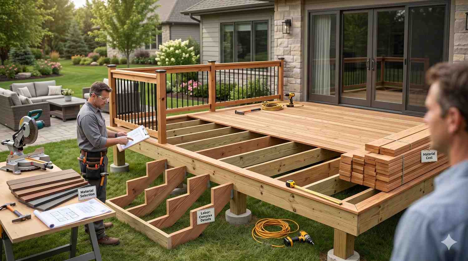 Contractor reviews construction plans beside a partially completed backyard deck attached to a residential home. Framing, stair components, decking boards, tools, and building materials are organized around the project. The image illustrates deck construction planning, material selection, labor considerations, cost estimation, structural framing, and professional outdoor living space installation services.