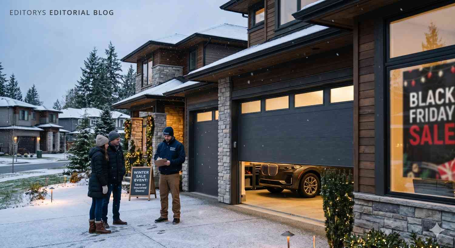 A garage door technician speaks with homeowners outside a modern house during a winter sales event. A partially open insulated garage door reveals a vehicle inside, while seasonal sale signage and snowfall create a holiday atmosphere.