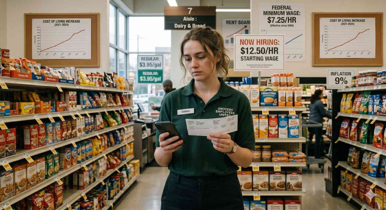 Grocery store employee checks a paycheck while standing in a supermarket aisle. Signs showing rising rent, inflation, cost-of-living increases, and low wages highlight financial pressure on retail workers.