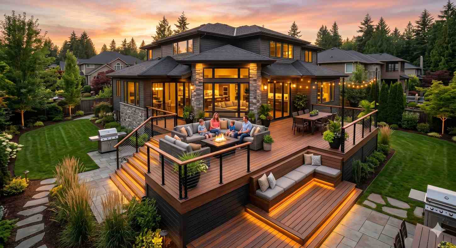 Large modern home with a multi-level backyard deck illuminated at sunset. Family members relax around a fire pit while landscaped gardens, outdoor dining space, built-in seating, and warm accent lighting create an inviting luxury outdoor living environment.