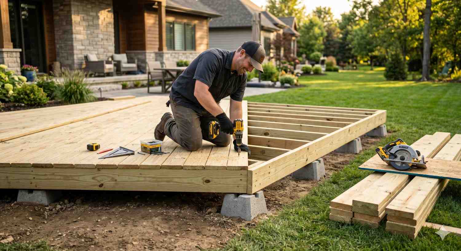 A contractor builds a wooden backyard deck beside a modern home, using power tools and lumber to install deck boards on a raised frame supported by concrete footings in a landscaped yard.