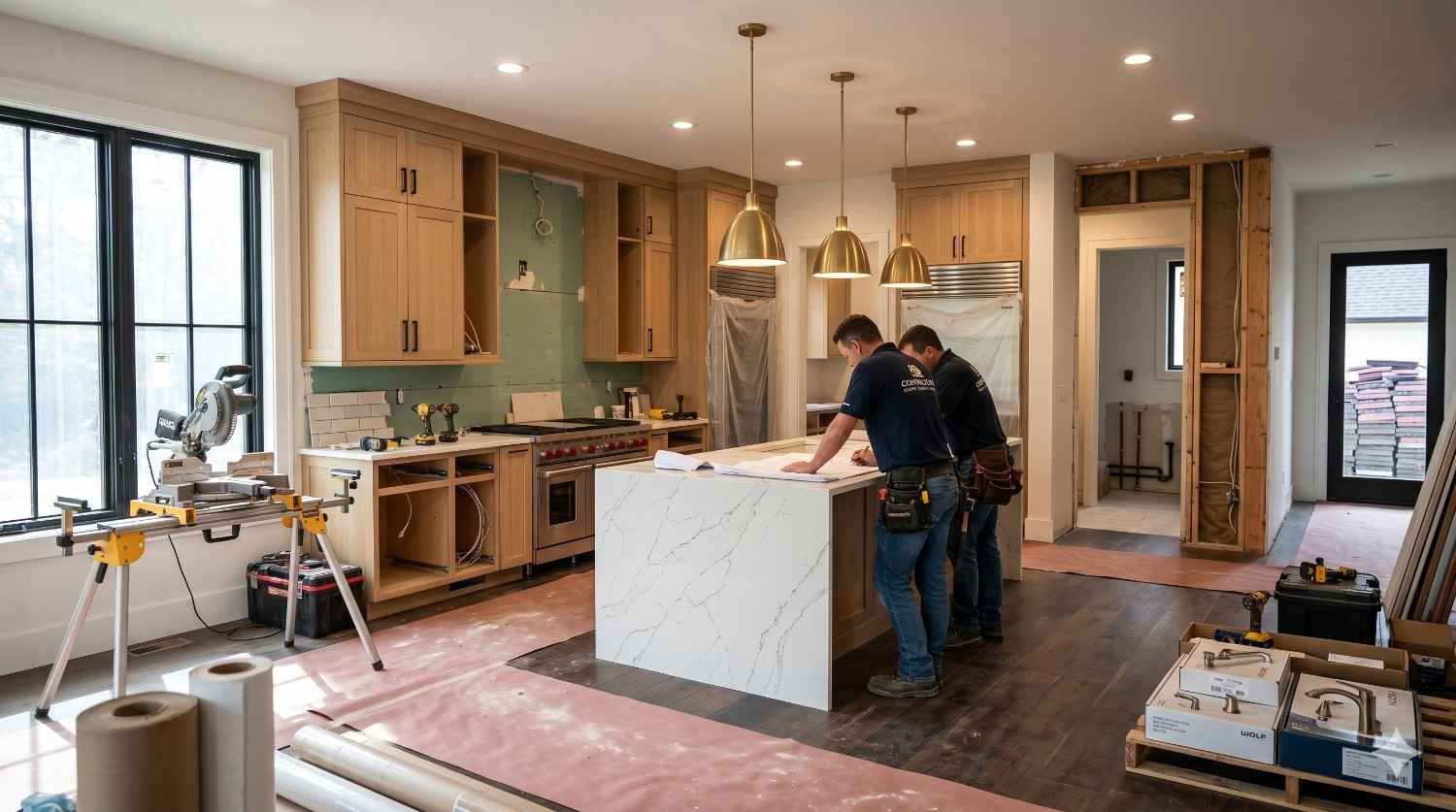 Two contractors review plans in a partially renovated modern kitchen with unfinished cabinetry, a marble island, construction tools, and exposed wall framing. Pendant lighting and large windows brighten the workspace during the home remodeling project.