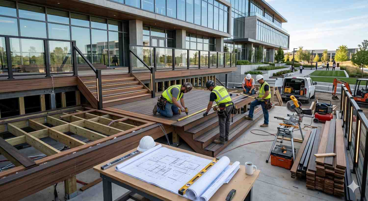 Construction workers install composite decking on a large commercial terrace outside a modern office building. Crew members measure, align, and secure deck boards while blueprints, tools, lumber, and equipment are arranged nearby. The partially completed structure features stairs, railings, exposed framing, and professional craftsmanship in a contemporary outdoor workspace.