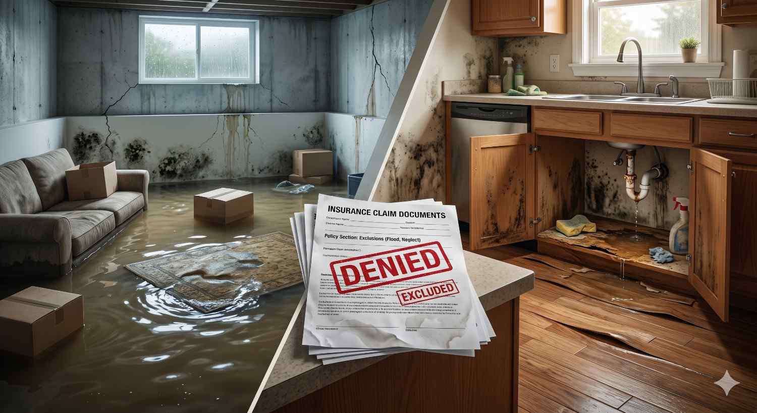 Split-screen image of severe home water damage with a flooded basement, mold growth, cracked walls, and leaking kitchen cabinets. Insurance claim documents stamped “Denied” emphasize homeowner challenges involving flood damage, moisture problems, and denied property insurance coverage.
