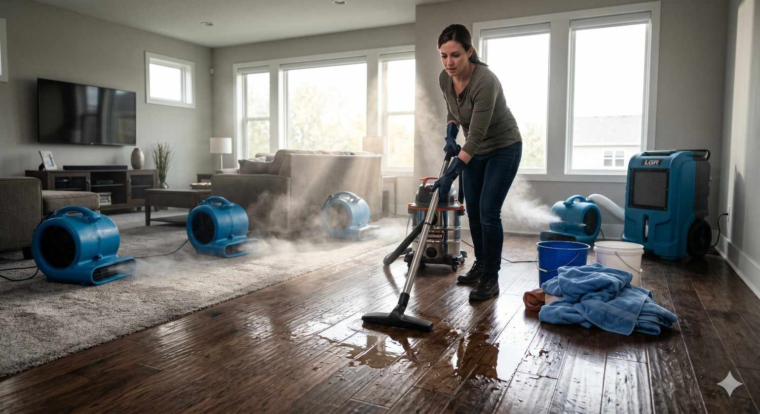 A homeowner vacuums water from hardwood floors in a living room while industrial air movers and dehumidifiers dry the space, demonstrating residential water damage cleanup and restoration after flooding or leaks.