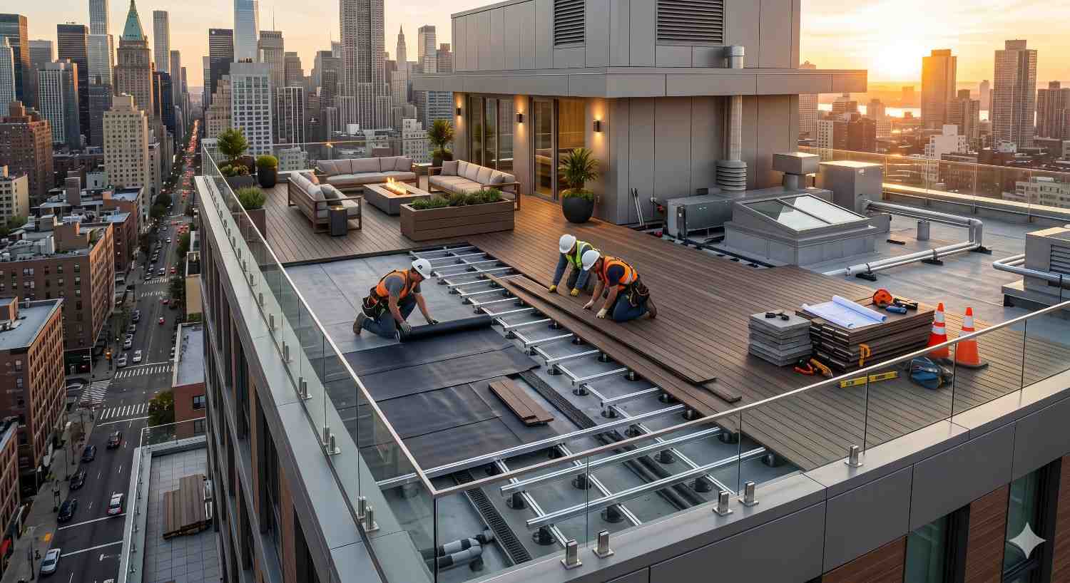 Workers install composite rooftop decking on a luxury high-rise terrace overlooking a modern city skyline at sunset. Construction materials, framing systems, and safety equipment are visible beside outdoor lounge furniture and fire pit seating. Expansive rooftop design combines urban architecture, premium outdoor living, and professional deck installation with panoramic metropolitan views and contemporary finishes.