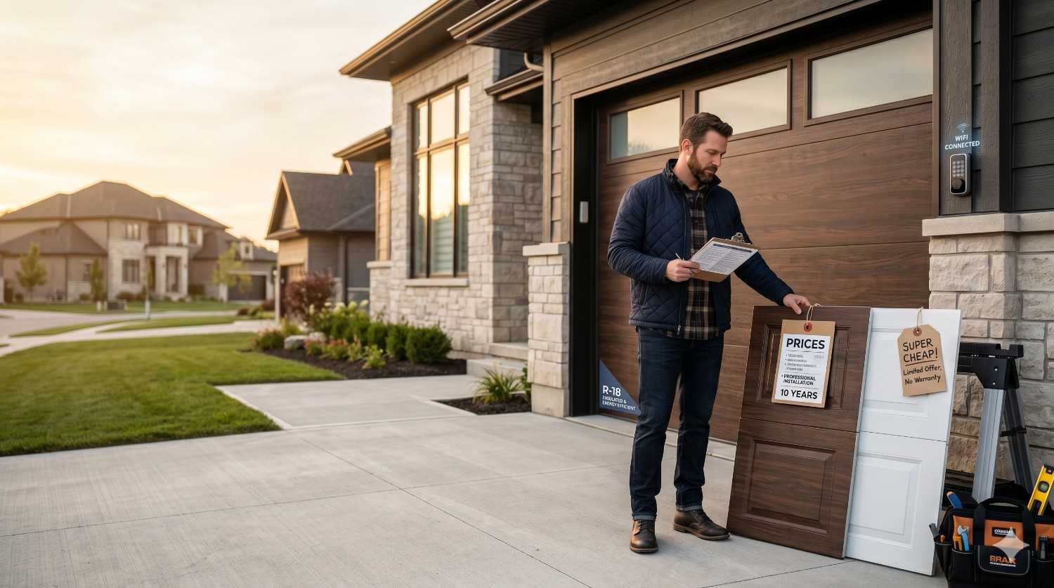 A homeowner compares garage door panel options outside a modern house, reviewing pricing and warranty information beside a wood-style insulated garage door and smart home entry system at sunset.