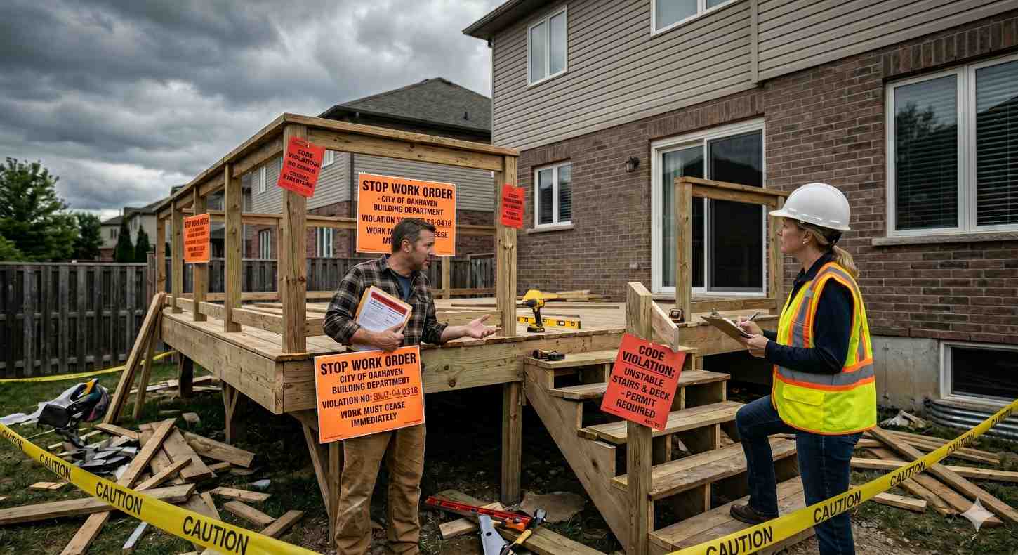 Homeowner and construction inspector stand beside a partially built backyard deck marked with multiple stop-work and code violation notices. Caution tape, unfinished stairs, and storm clouds emphasize construction issues, permit problems, and project delays.