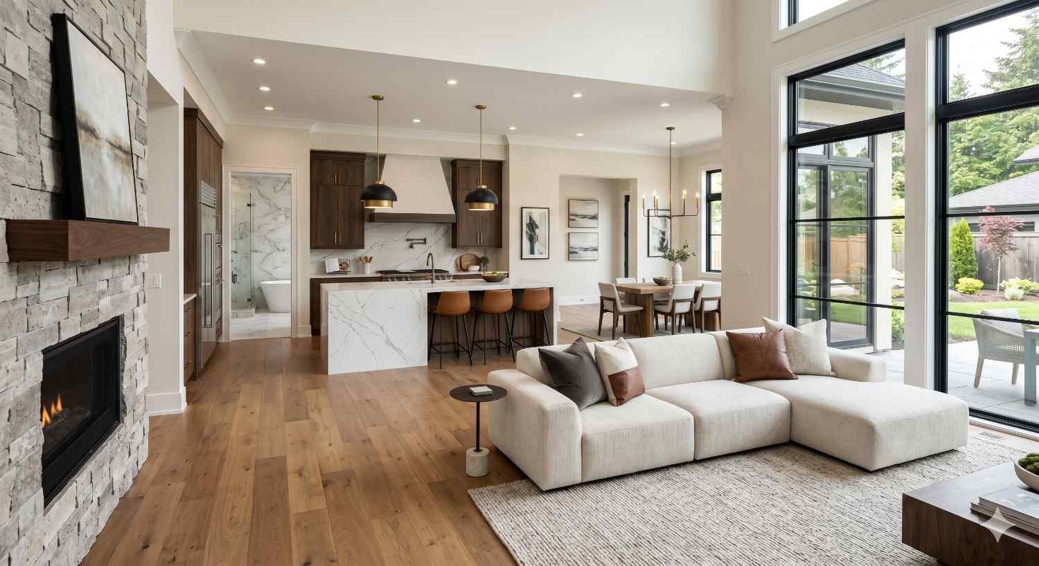 Bright modern open concept living room with high ceilings, large black framed windows, and natural wood flooring Features a white sectional sofa, stone fireplace, and elegant kitchen with marble island, dark wood cabinets, and pendant lighting Dining area overlooks landscaped backyard, creating a spacious luxurious interior with contemporary minimalist design and warm natural accents
