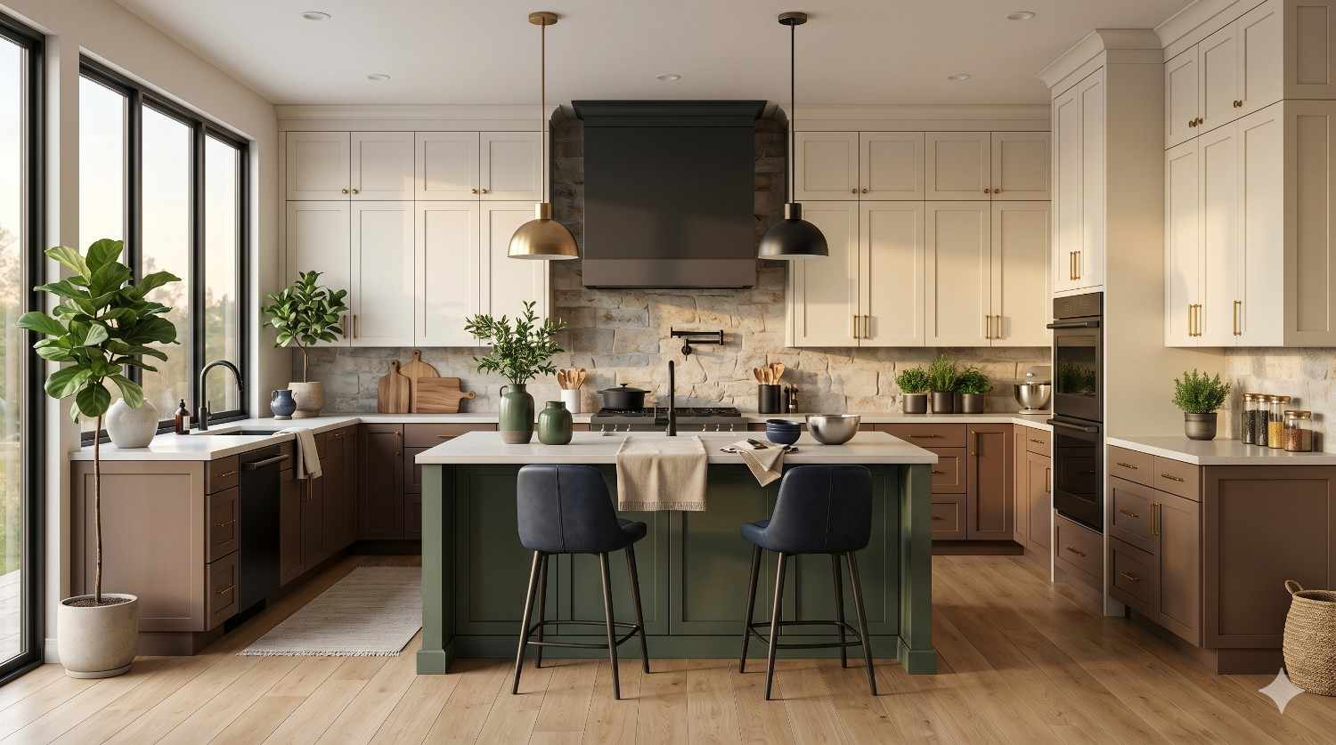Elegant modern kitchen with white upper cabinets, dark wood lower cabinets, a green island with seating, and stone backsplash. Pendant lighting, large windows, and warm wood flooring create a sophisticated contemporary interior.